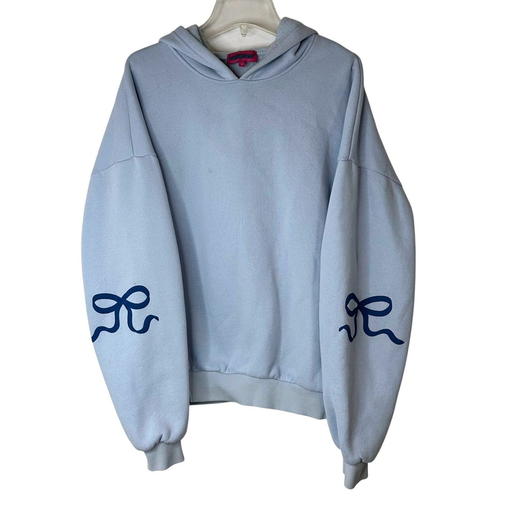 Edikted Baby Blue Hoodie Oversized Bow Sleeve Graphic Sweatshirt Size M
